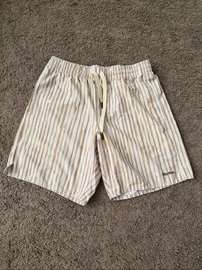 Rhythm. Men’s Beige & White Vertical Stripe Swim Trunks-
Size 30